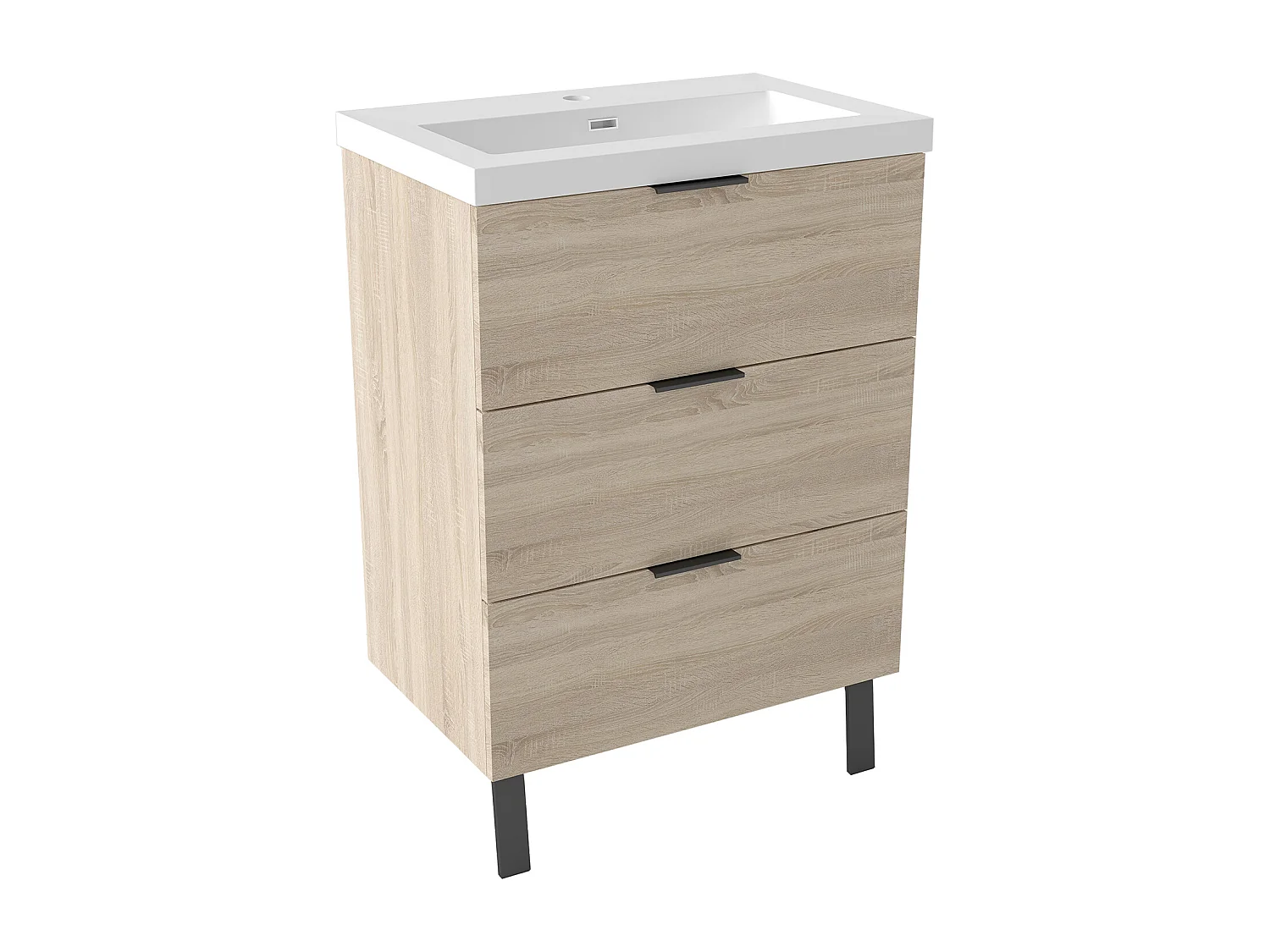 AICA Meuble salle de bain 60cm avec 3 tiroirs + 2 Pieds, Meuble simple vasque, Chêne