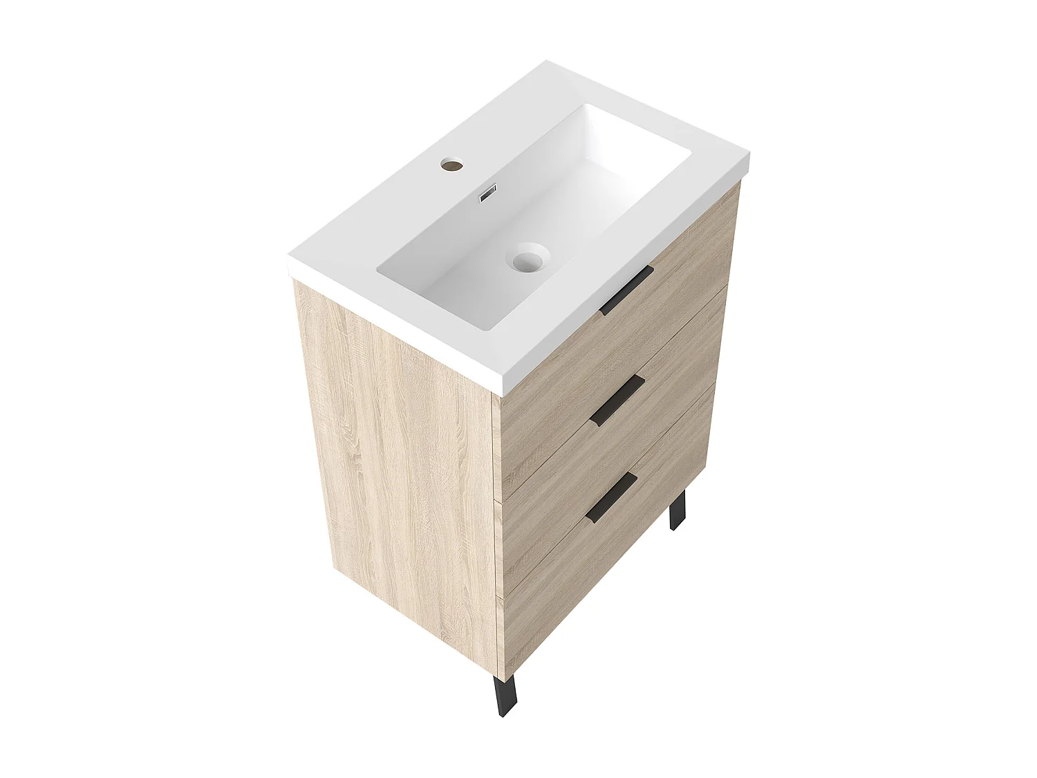 AICA Meuble salle de bain 60cm avec 3 tiroirs + 2 Pieds, Meuble simple vasque, Chêne