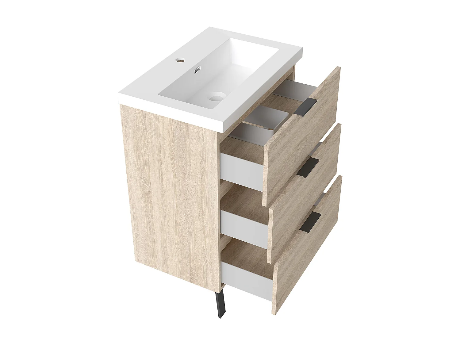 AICA Meuble salle de bain 60cm avec 3 tiroirs + 2 Pieds, Meuble simple vasque, Chêne