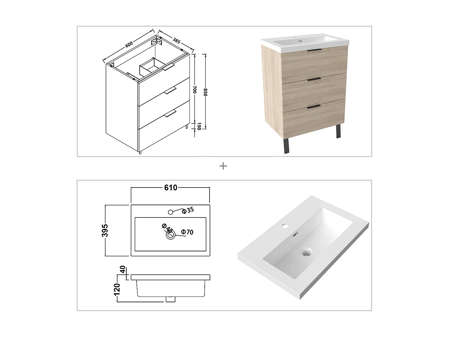 AICA Meuble salle de bain 60cm avec 3 tiroirs + 2 Pieds, Meuble simple vasque, Chêne
