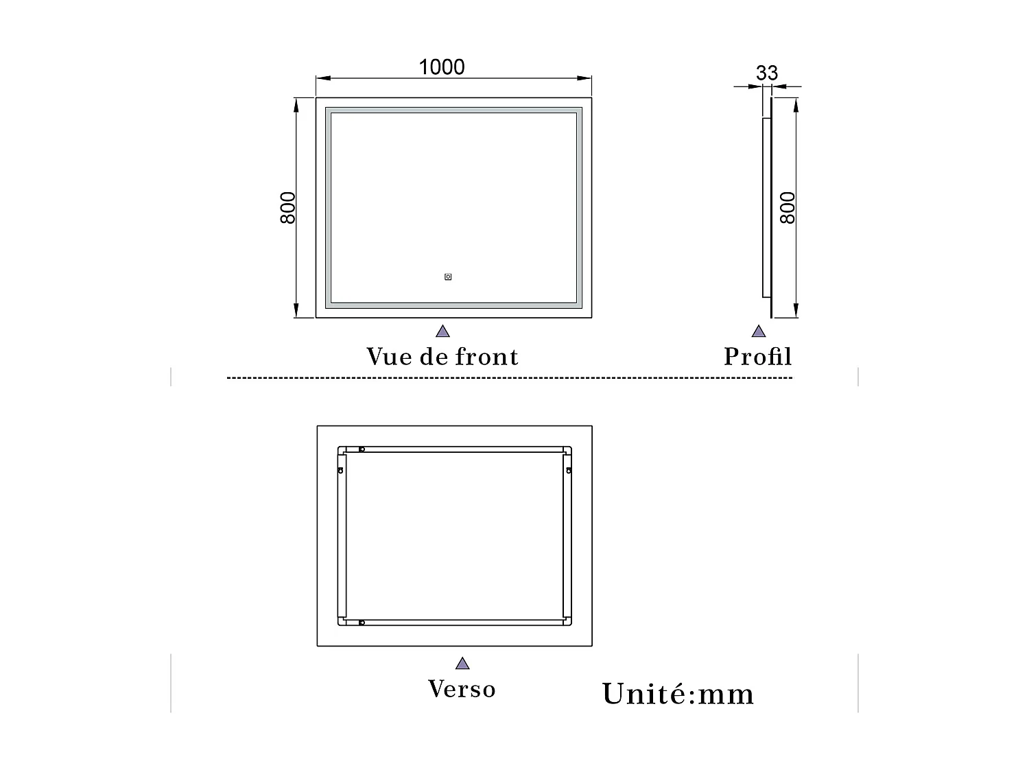 Miroir de salle de bain lumineux L.100 x H.80 cm avec Dimmable + Mémoire + D'arrêt automatique, Miroir LED Mural