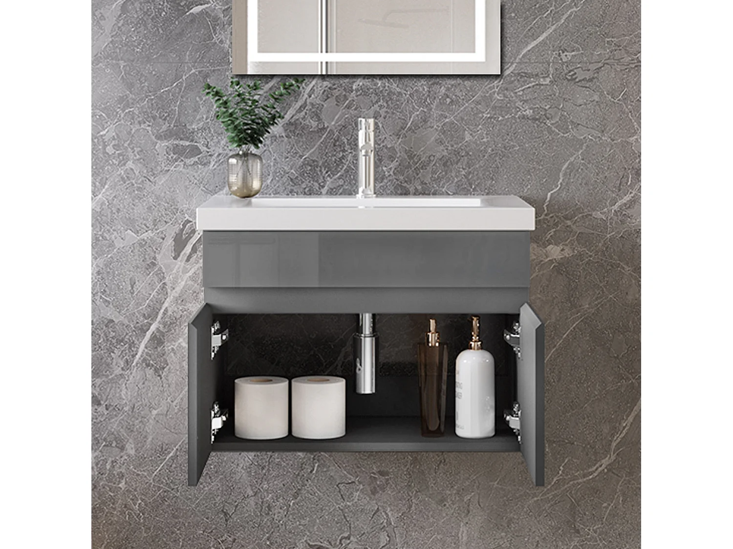 Mobile bagno sospeso con lavabo da incasso 59 cm,bianco, 2 ante.