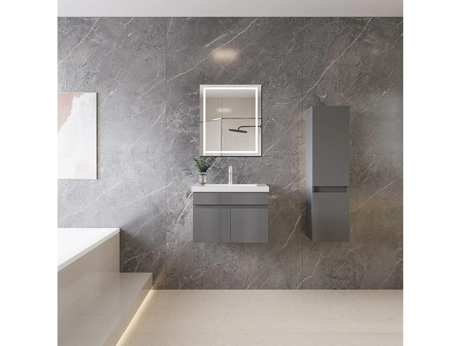 Mobile bagno sospeso con lavabo da incasso 59 cm,bianco, 2 ante.