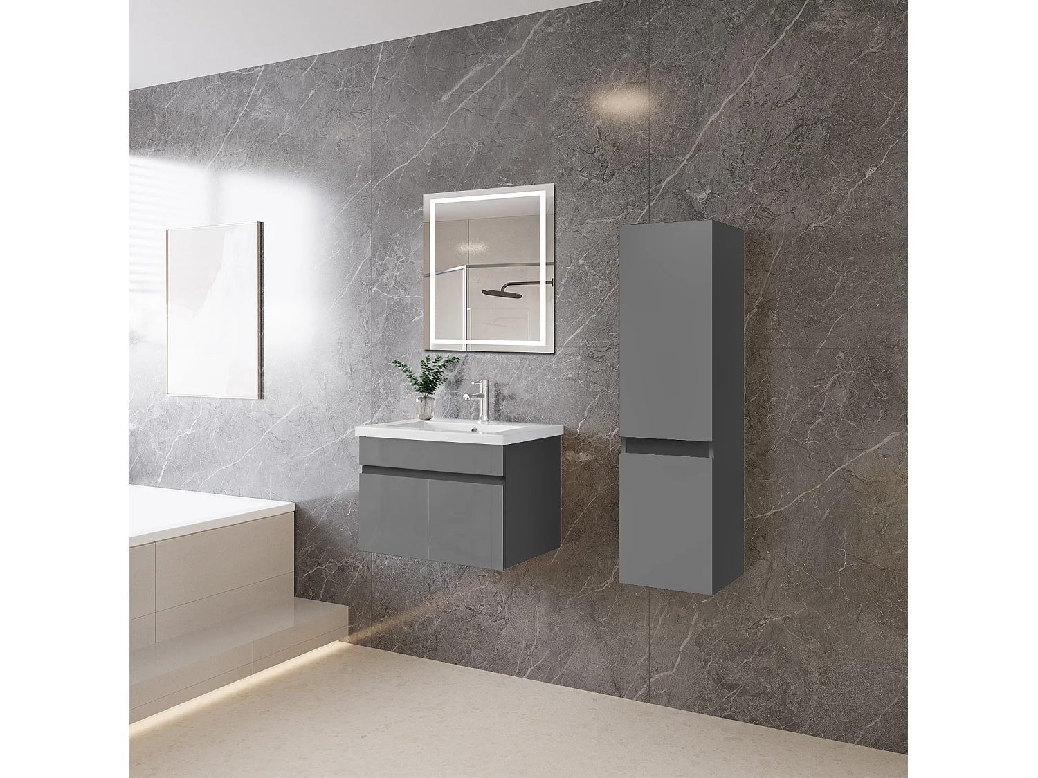 Mobile bagno sospeso con lavabo da incasso 59 cm,bianco, 2 ante.