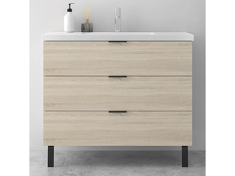 AICA Ensembles de meubles de Salle de Bain 100cm avec 2 Pieds, et vasque en céramique, 3 tiroirs, Chêne, Style Moderne