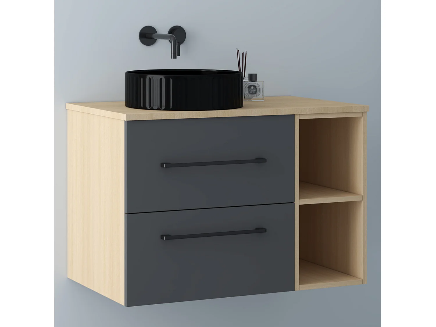 AICA Badezimmerschrank hängend mit gestreiftes Aufsatzwaschbecken - 80cm - Eiche/Dunkelgrau