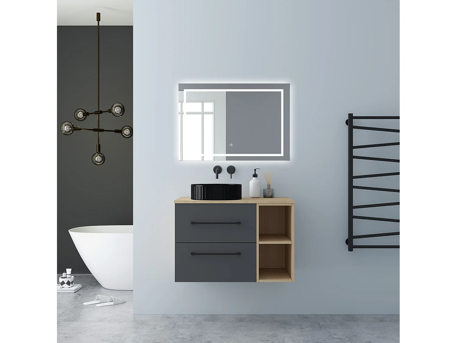 AICA Badezimmerschrank hängend mit gestreiftes Aufsatzwaschbecken - 80cm - Eiche/Dunkelgrau