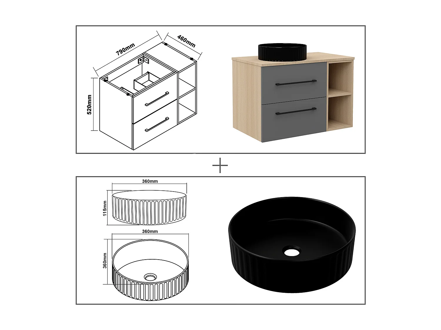 AICA Badezimmerschrank hängend mit gestreiftes Aufsatzwaschbecken - 80cm - Eiche/Dunkelgrau