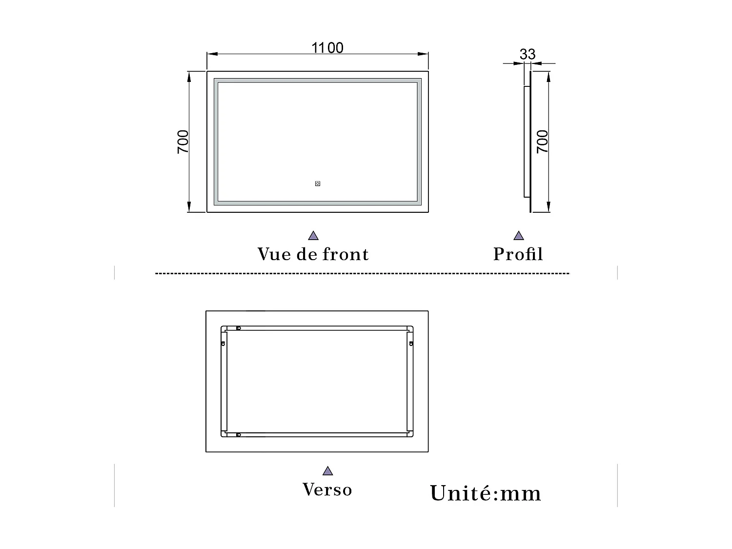 Miroir de salle de bain lumineux L.110 x H.70 cm avec Anti-Buée + 3 Couleurs + Dimmable, Miroir LED Mural