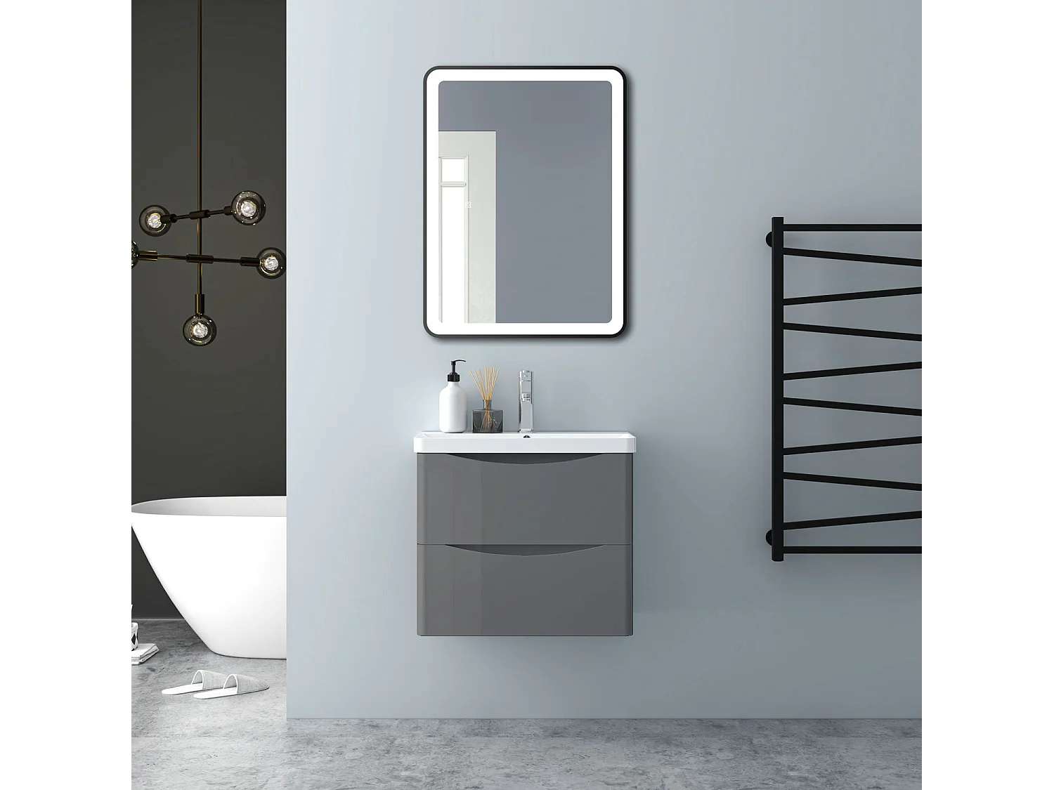 AICA Badezimmerschrank hängend 60cm Mineralguss waschbecken mit Unterschrank - Hochglanz Dunkelgrau - SEMAL