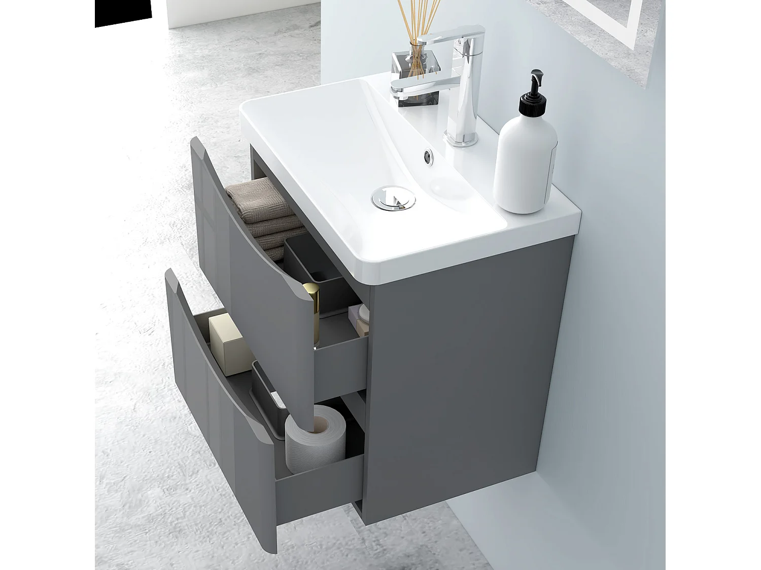 AICA Badezimmerschrank hängend 60cm Mineralguss waschbecken mit Unterschrank - Hochglanz Dunkelgrau - SEMAL