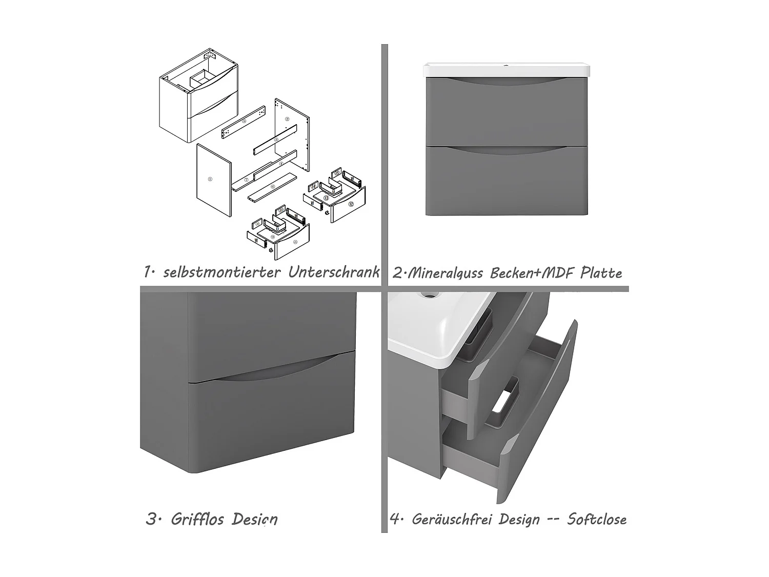 AICA Badezimmerschrank hängend 60cm Mineralguss waschbecken mit Unterschrank - Hochglanz Dunkelgrau - SEMAL