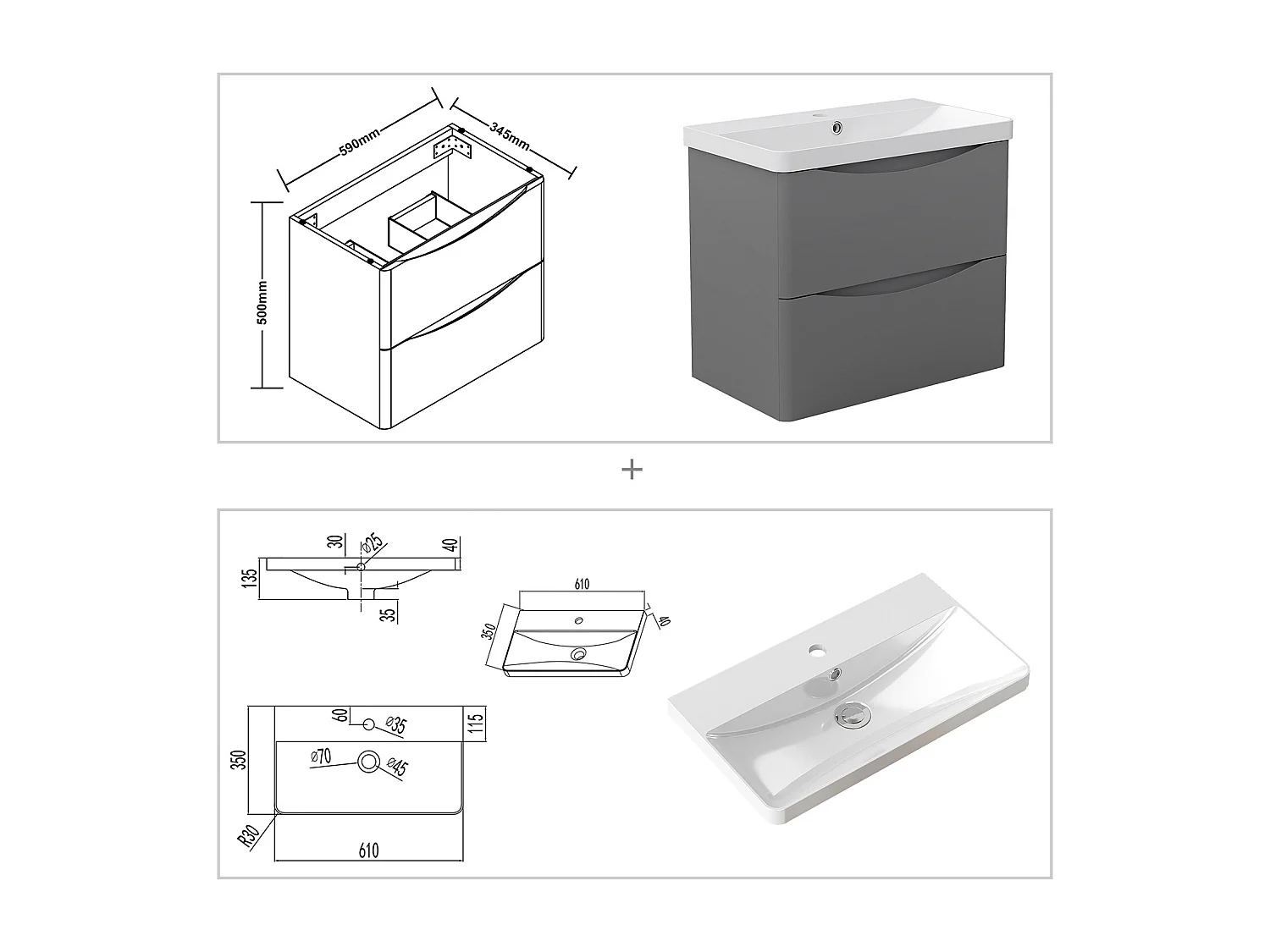 AICA Badezimmerschrank hängend 60cm Mineralguss waschbecken mit Unterschrank - Hochglanz Dunkelgrau - SEMAL
