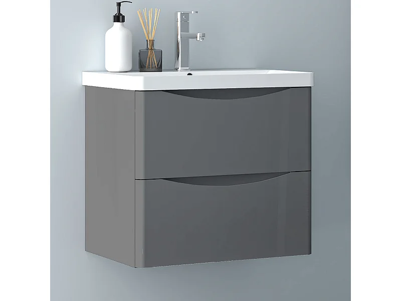 AICA Badezimmerschrank hängend 60cm Mineralguss waschbecken mit Unterschrank - Hochglanz Dunkelgrau - SEMAL