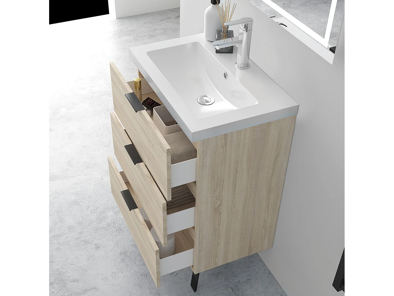 AICA Ensembles de meubles de Salle de Bain 60cm avec Pieds, et vasque en céramique, 3 tiroirs, Chêne, Style Moderne