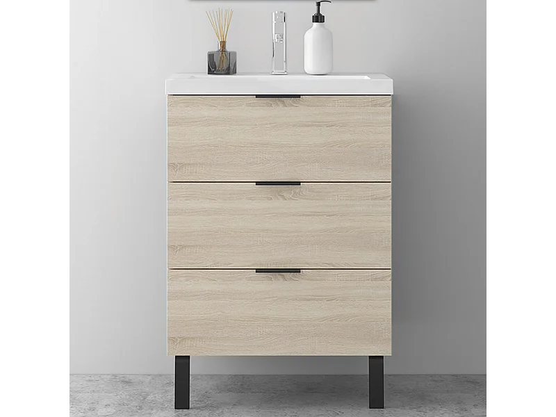 AICA Ensembles de meubles de Salle de Bain 60cm avec Pieds, et vasque en céramique, 3 tiroirs, Chêne, Style Moderne