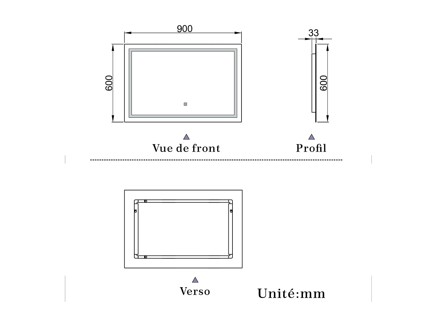 Miroir de salle de bain lumineux L.90 x H.60 cm avec Dimmable + Mémoire + D'arrêt automatique, Miroir LED Mural