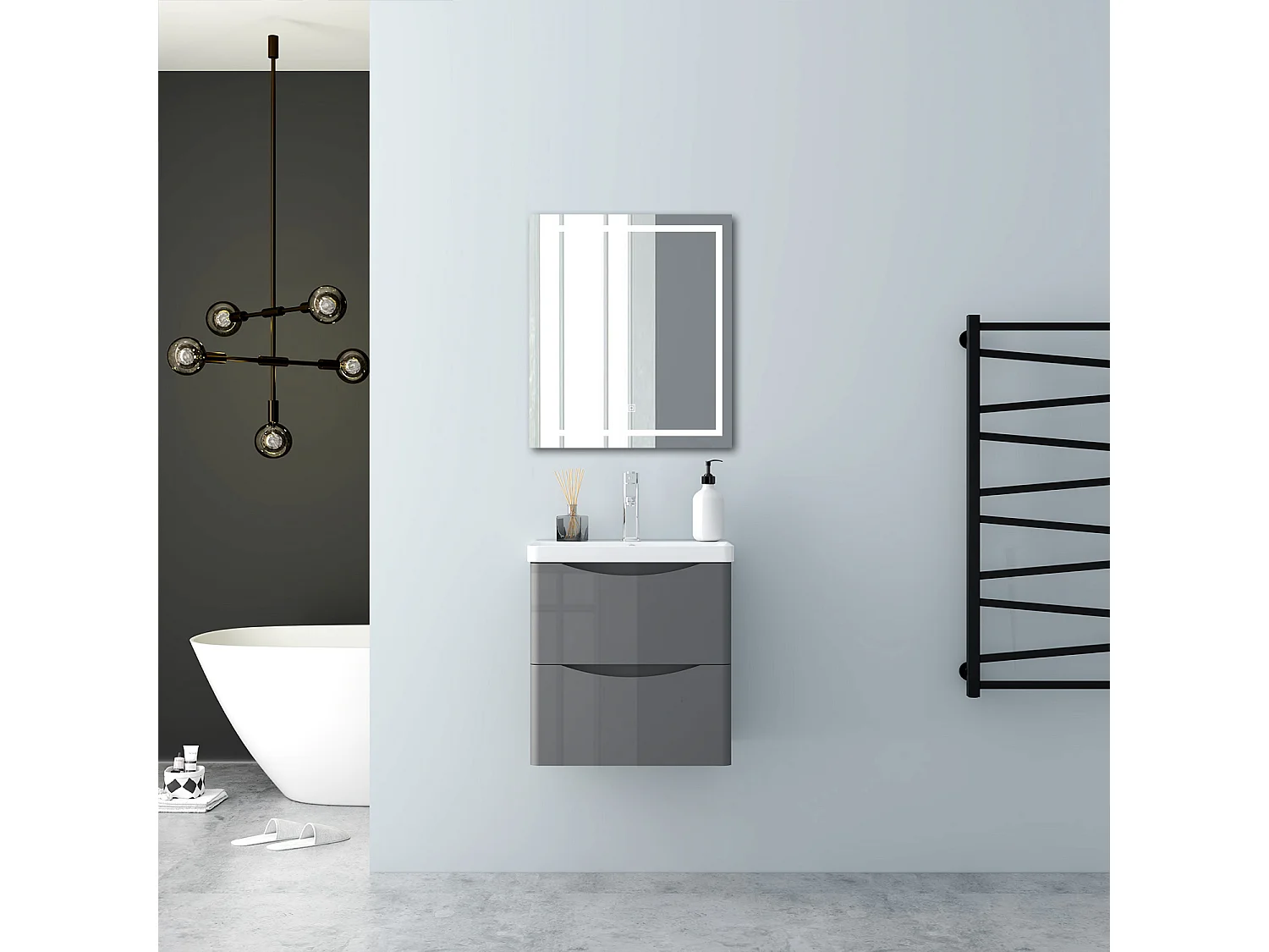 AICA Badezimmerschrank hängend 50cm Mineralguss waschbecken mit Unterschrank - Hochglanz Dunkelgrau - SEMAL