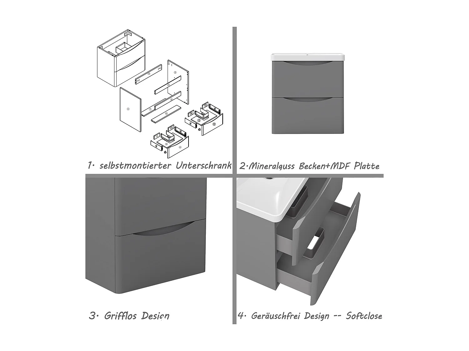 AICA Badezimmerschrank hängend 50cm Mineralguss waschbecken mit Unterschrank - Hochglanz Dunkelgrau - SEMAL