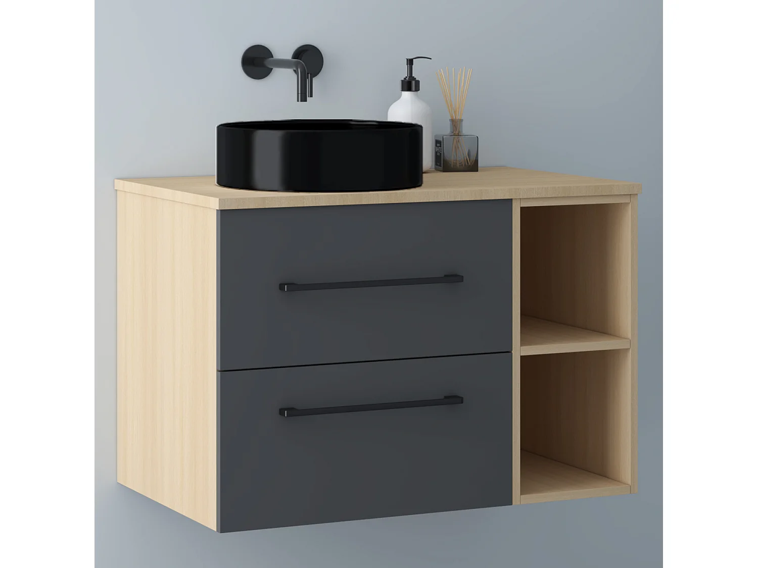 AICA Badezimmerschrank hängend mit Schwarz Keramik Aufsatzwaschbecken - 80cm - Eiche/Dunkelgrau