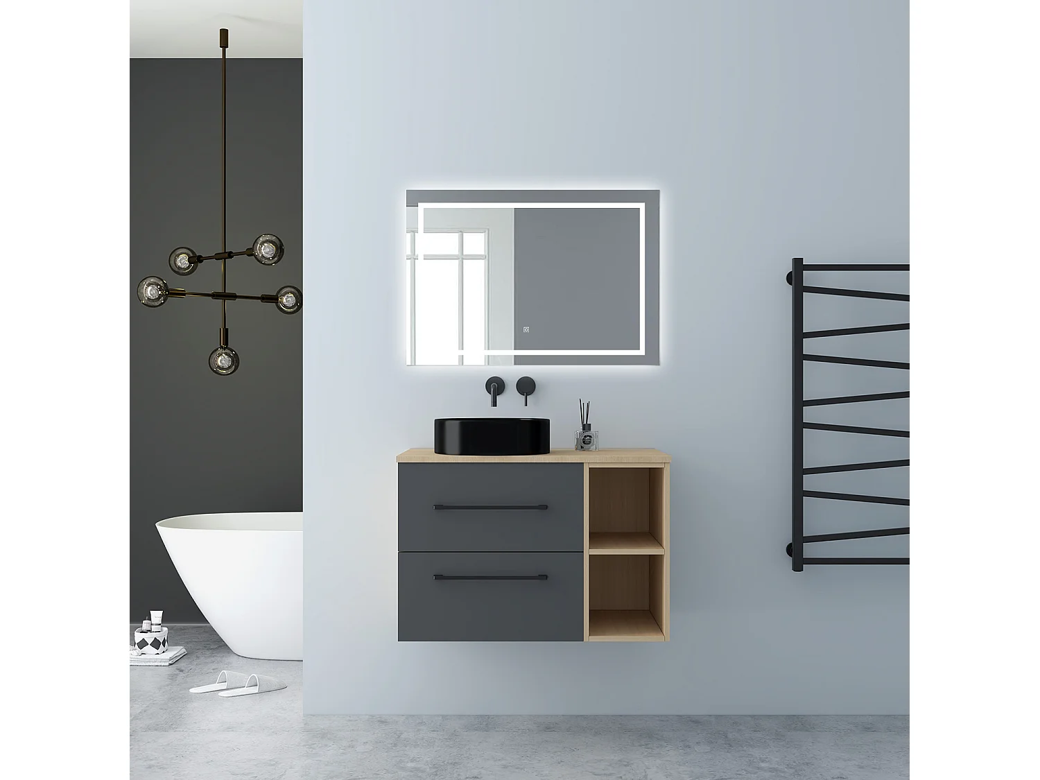 AICA Badezimmerschrank hängend mit Schwarz Keramik Aufsatzwaschbecken - 80cm - Eiche/Dunkelgrau