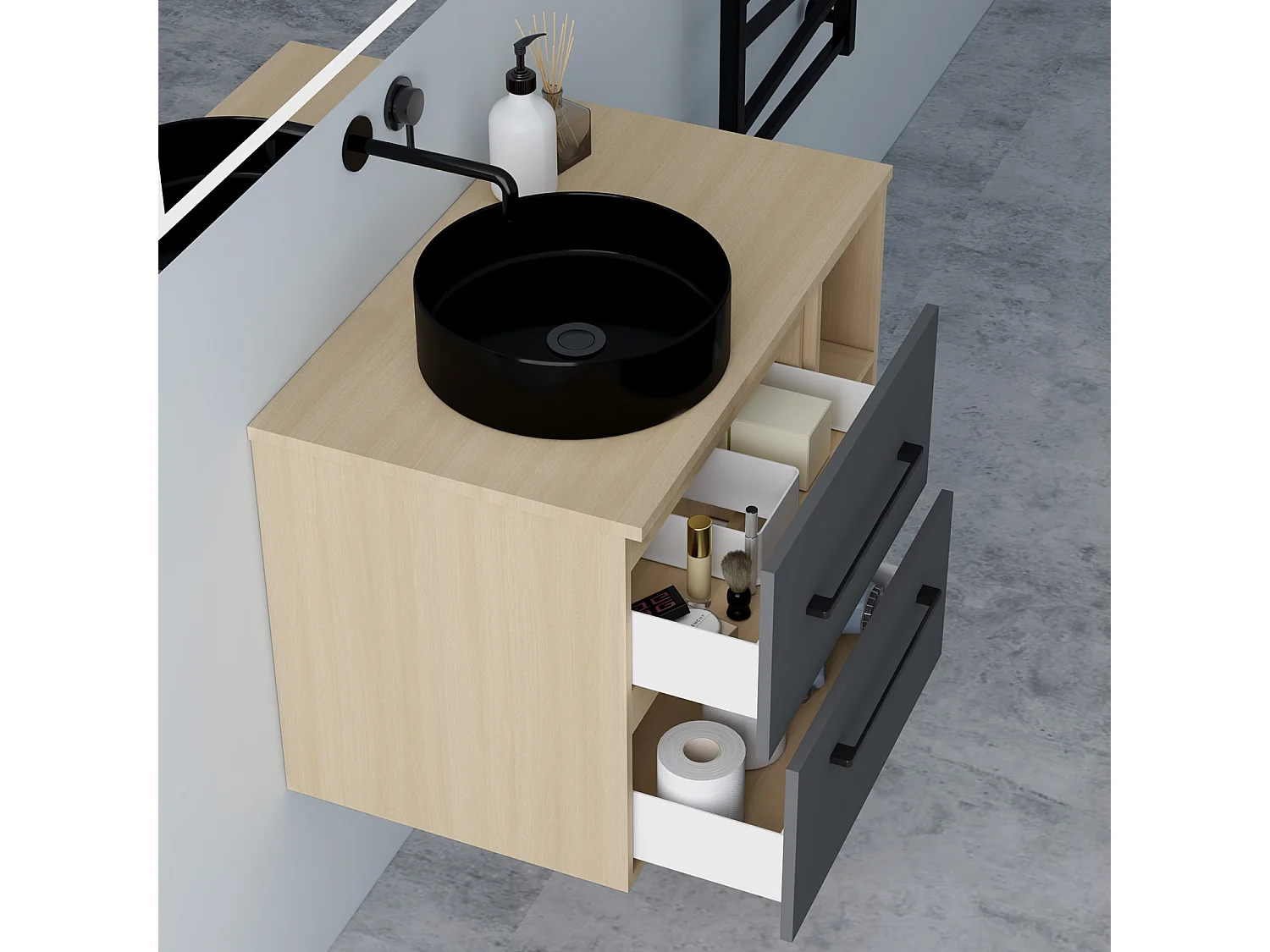 AICA Badezimmerschrank hängend mit Schwarz Keramik Aufsatzwaschbecken - 80cm - Eiche/Dunkelgrau