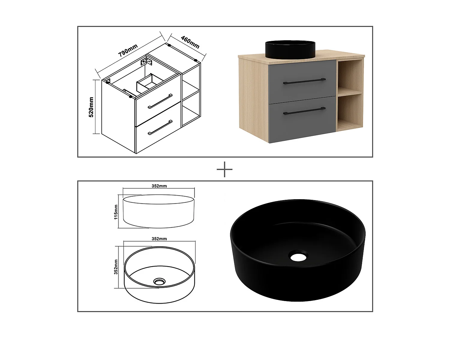 AICA Badezimmerschrank hängend mit Schwarz Keramik Aufsatzwaschbecken - 80cm - Eiche/Dunkelgrau