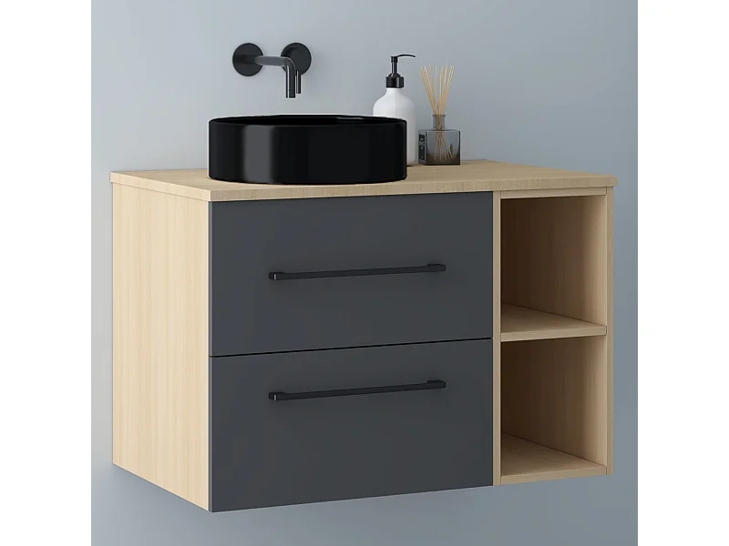 AICA Badezimmerschrank hängend mit Schwarz Keramik Aufsatzwaschbecken - 80cm - Eiche/Dunkelgrau