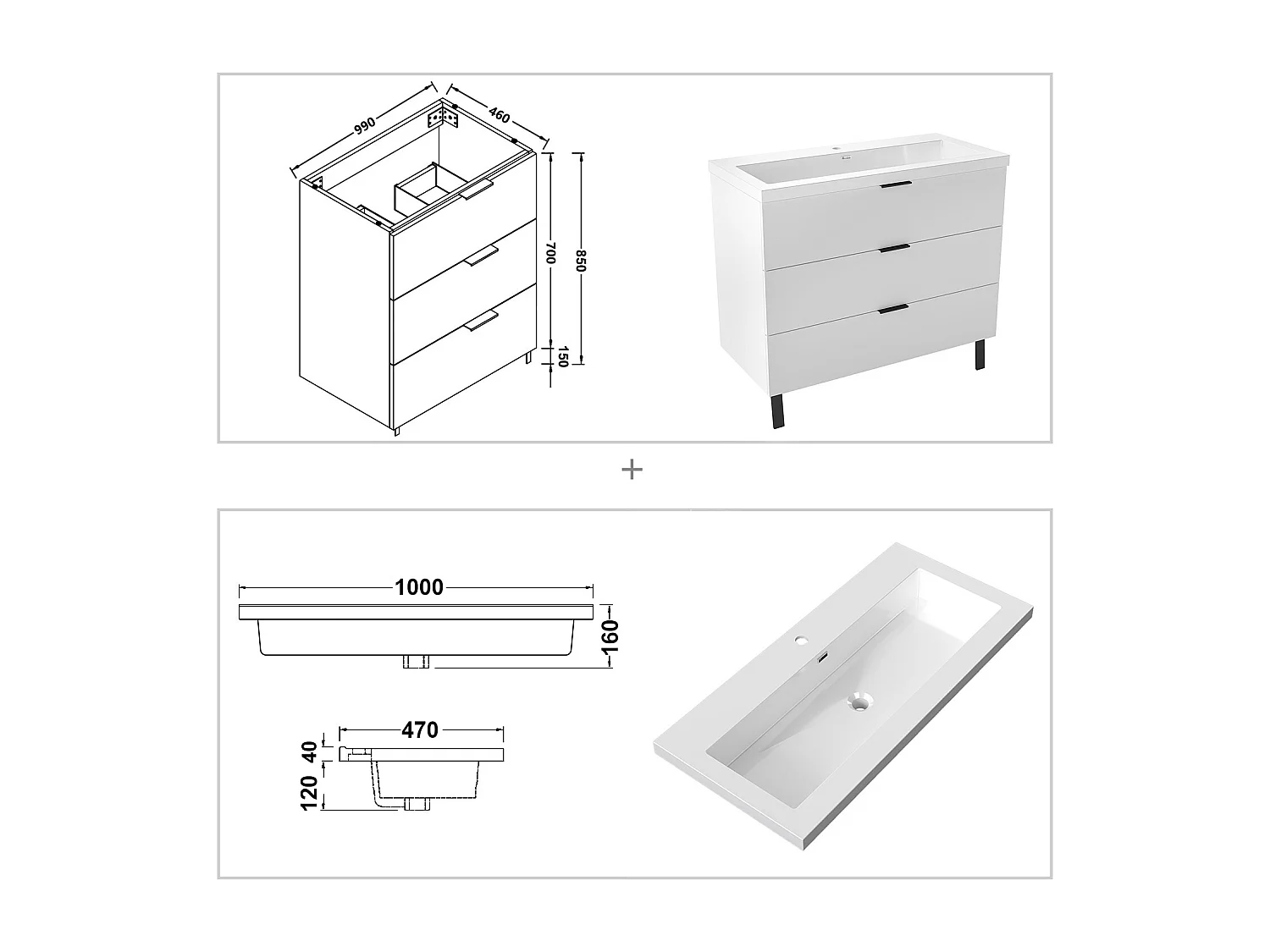 AICA Meuble salle de bain 100cm avec 3 tiroirs + 2 Pieds, Meuble simple vasque, Blanc