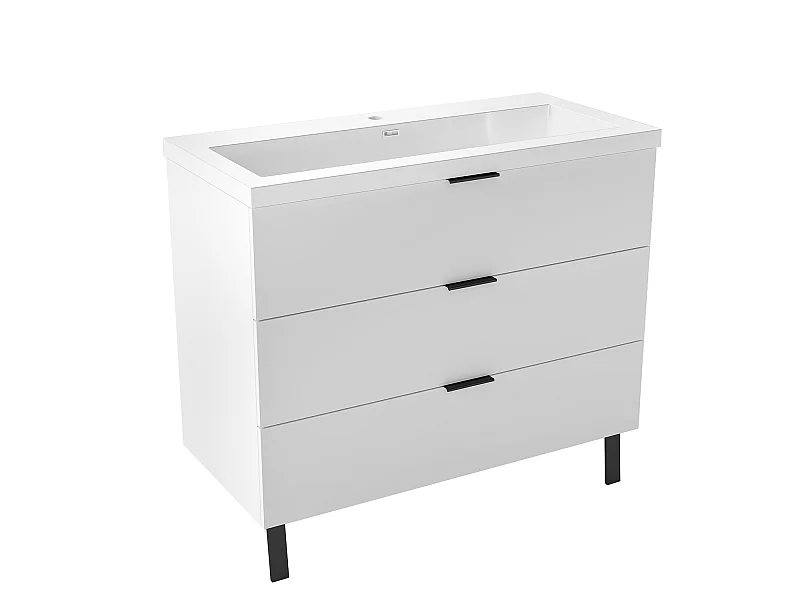 AICA Meuble salle de bain 100cm avec 3 tiroirs + 2 Pieds, Meuble simple vasque, Blanc
