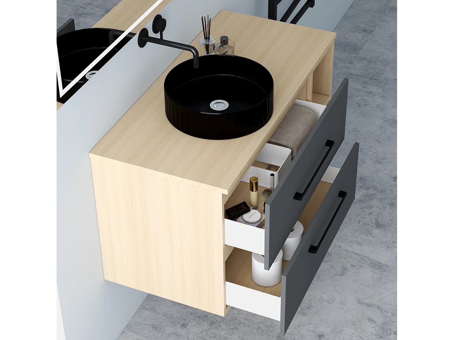 AICA Badezimmerschrank hängend mit gestreiftes Aufsatzwaschbecken - 100cm - Eiche/Dunkelgrau