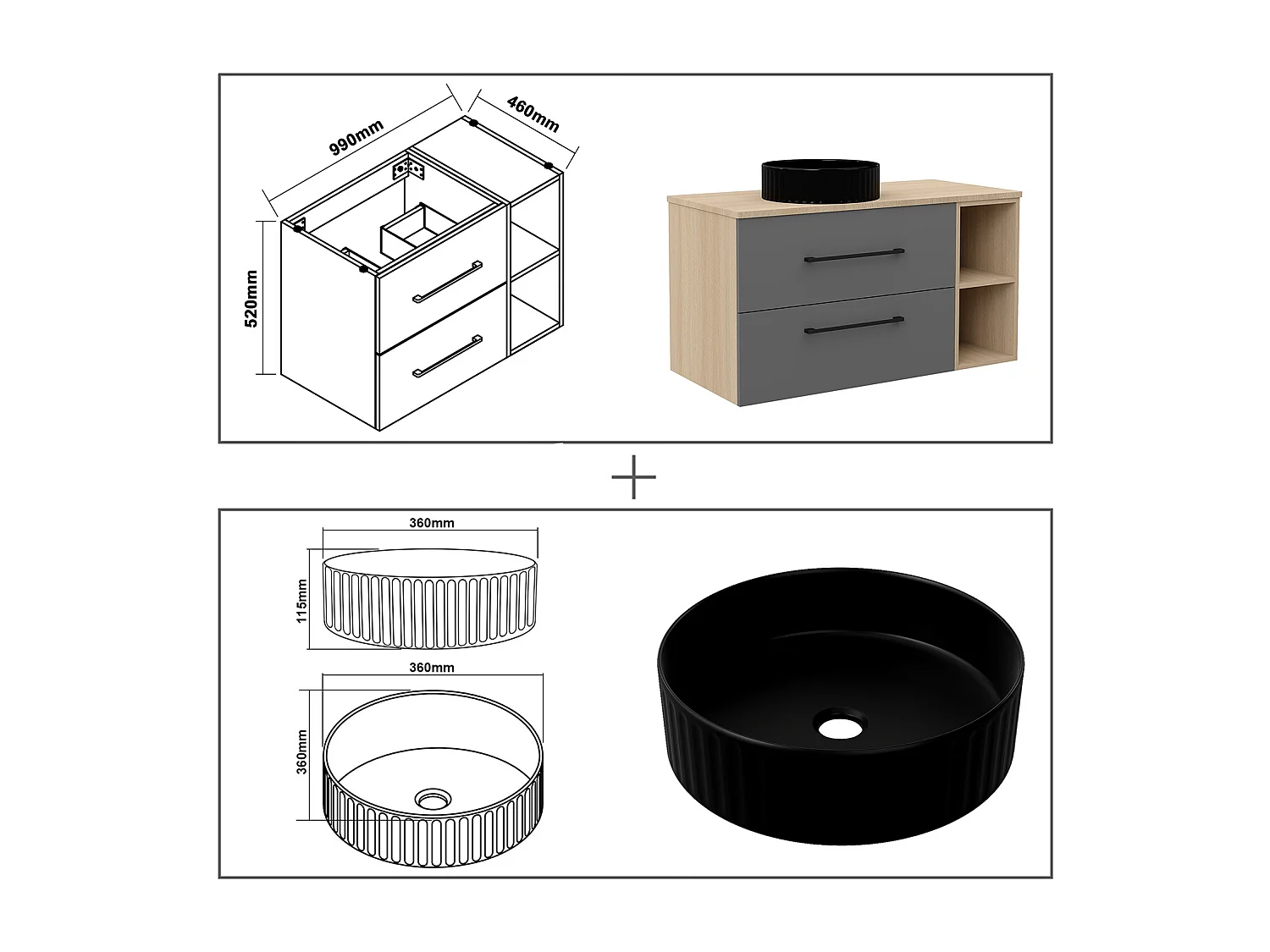 AICA Badezimmerschrank hängend mit gestreiftes Aufsatzwaschbecken - 100cm - Eiche/Dunkelgrau
