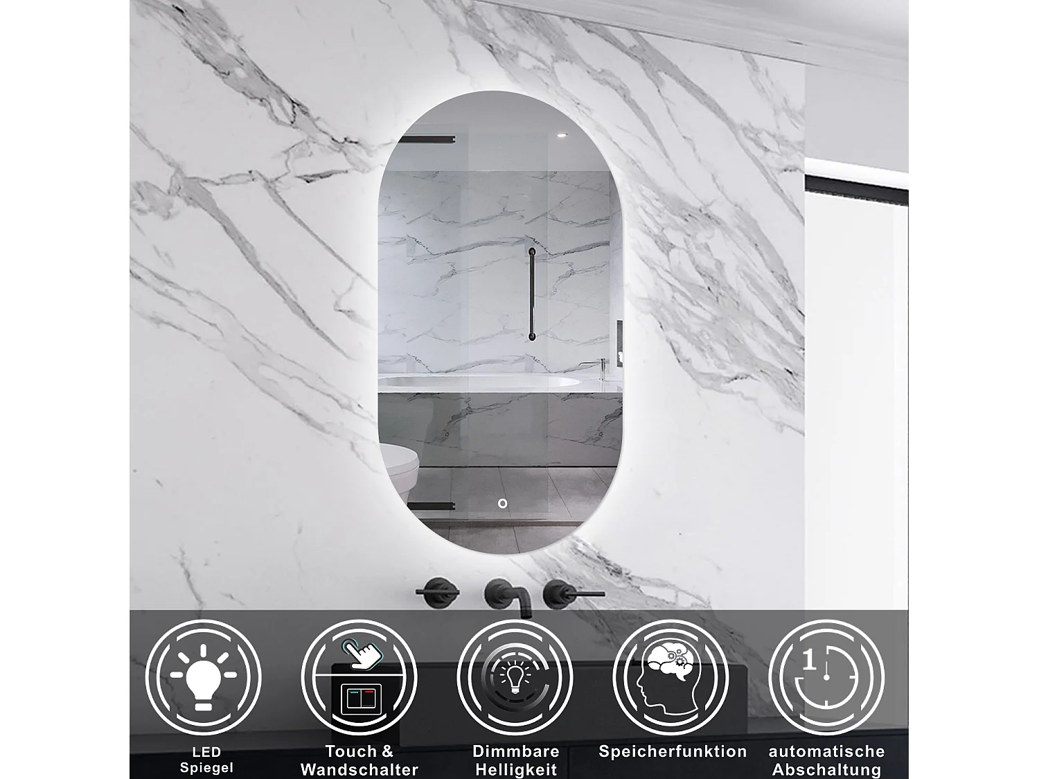 AICA LED Badspiegel 60x100cm mit Kaltweiß Dimmbar Memory-Funktion - LED Hinterbeleuchtung - Oval
