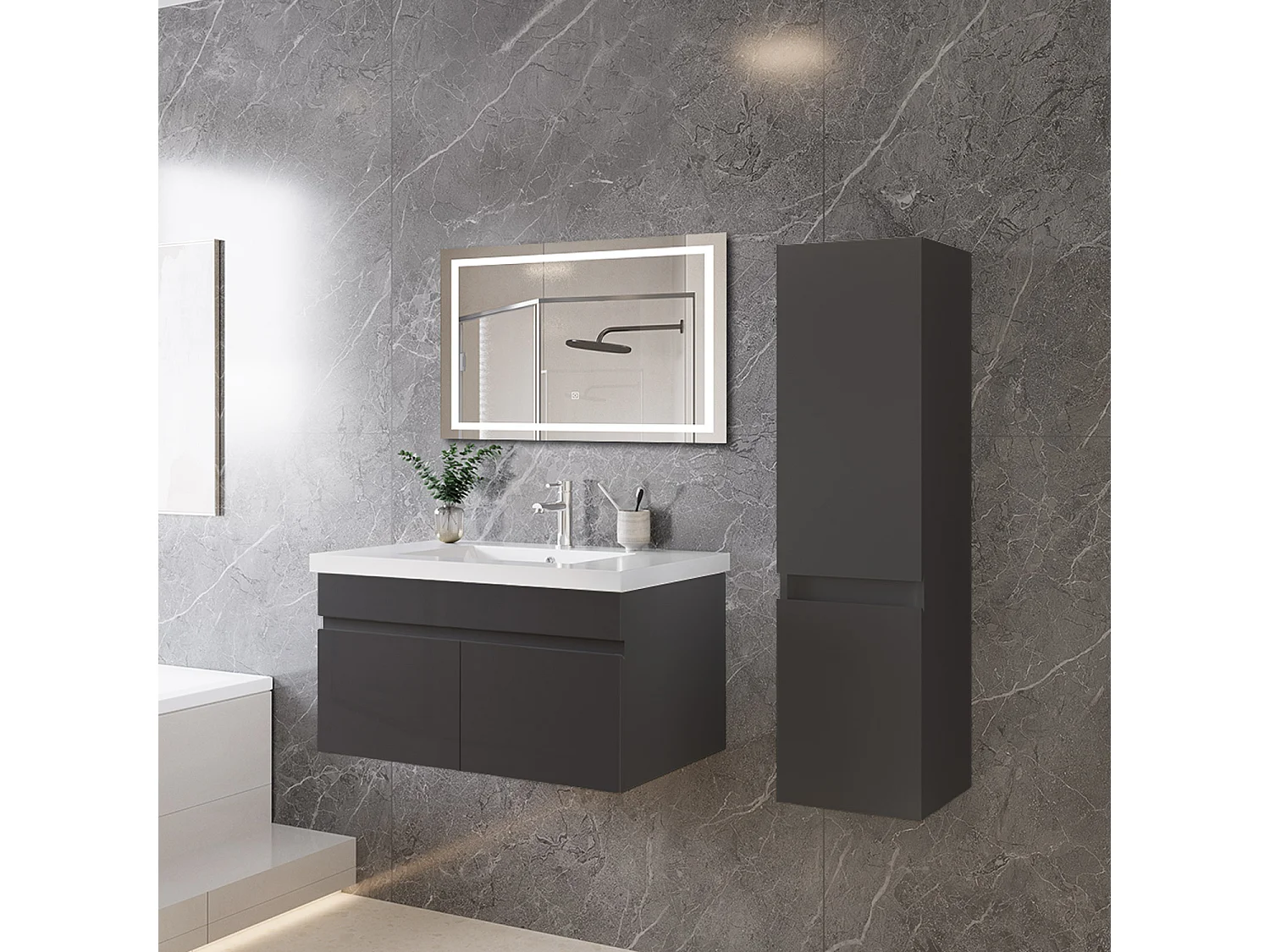 Mobile bagno sospeso con lavabo da incasso 79 cm,bianco, 2 ante.