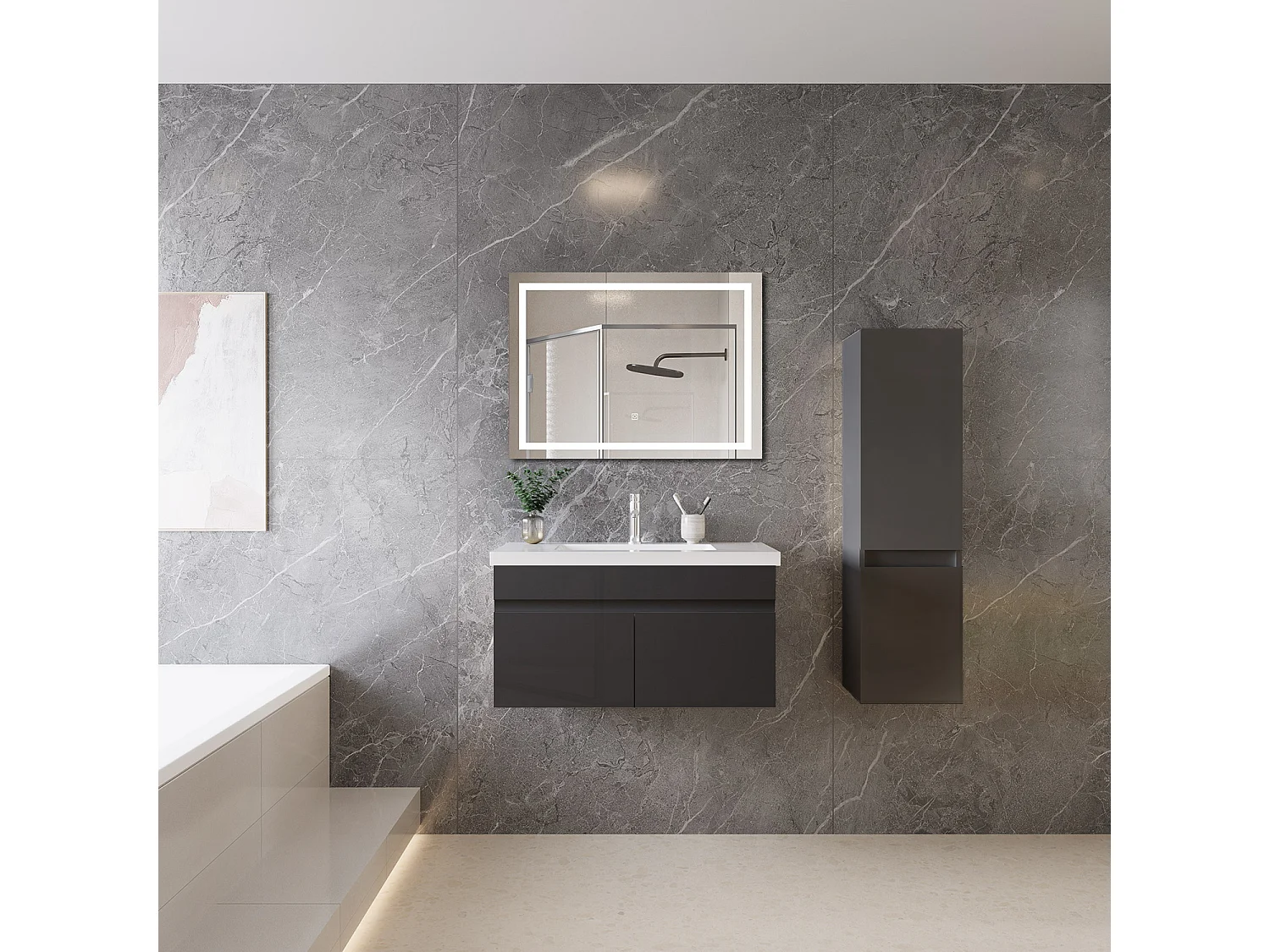 Mobile bagno sospeso con lavabo da incasso 79 cm,bianco, 2 ante.