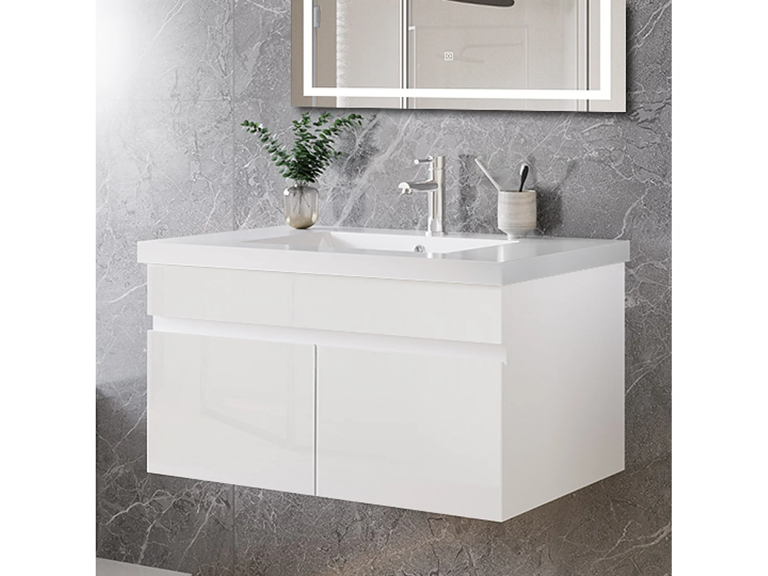 Mobile bagno sospeso con lavabo da incasso 79 cm,bianco, 2 ante.