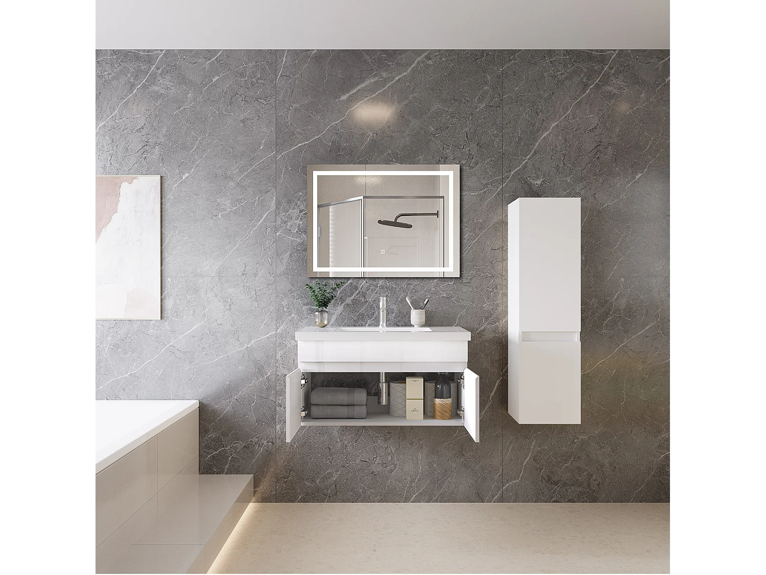 Mobile bagno sospeso con lavabo da incasso 79 cm,bianco, 2 ante.