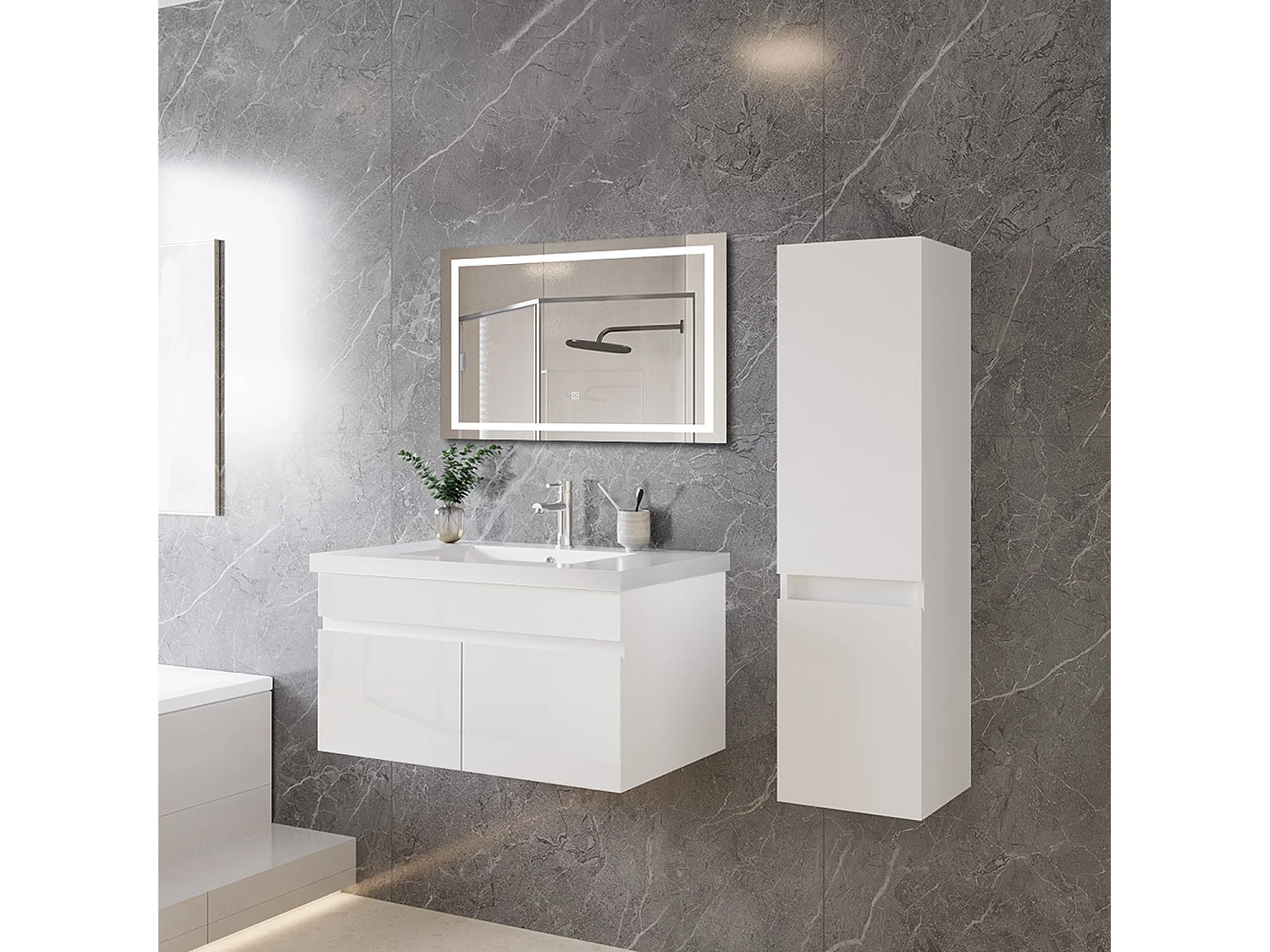 Mobile bagno sospeso con lavabo da incasso 79 cm,bianco, 2 ante.