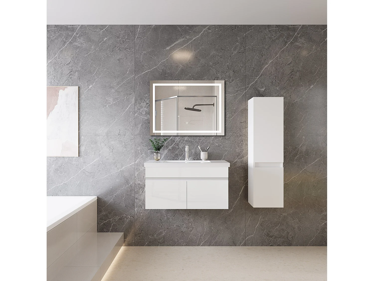 Mobile bagno sospeso con lavabo da incasso 79 cm,bianco, 2 ante.