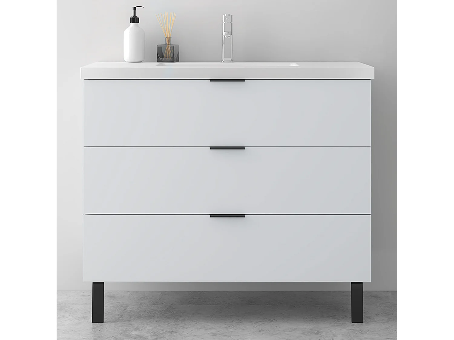 AICA Ensembles de meubles de Salle de Bain 100cm avec 2 Pieds, et vasque en céramique, 3 tiroirs, Blanc, Style Moderne