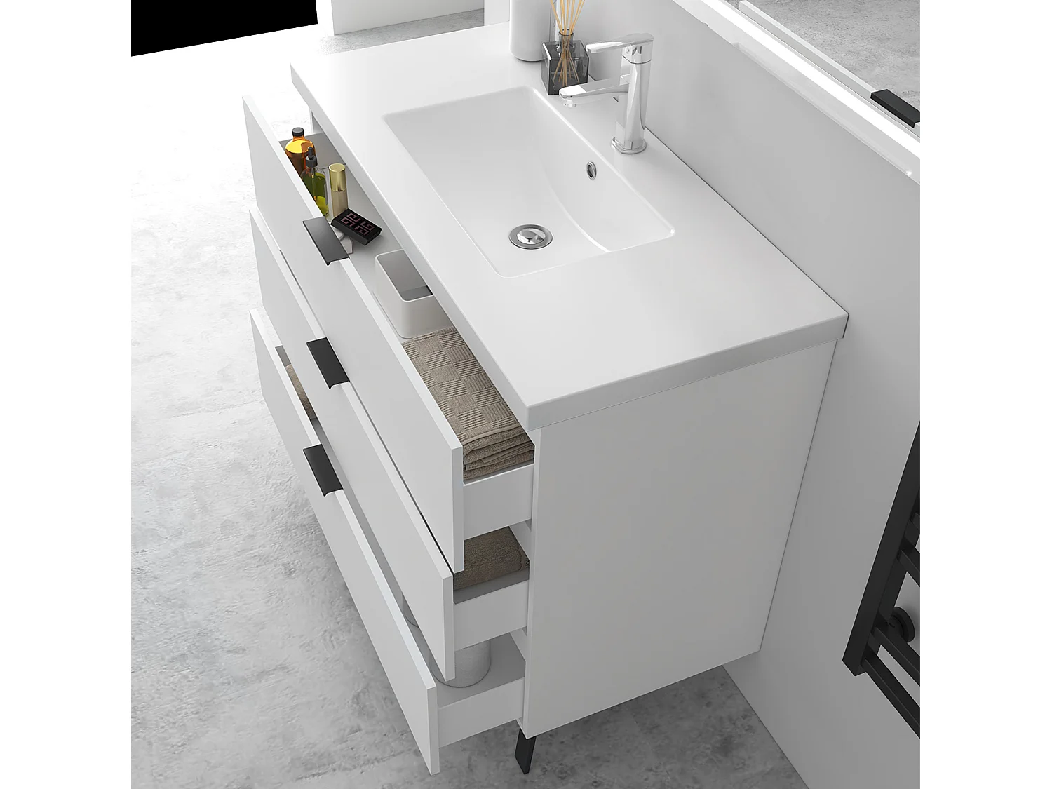 AICA Ensembles de meubles de Salle de Bain 100cm avec 2 Pieds, et vasque en céramique, 3 tiroirs, Blanc, Style Moderne