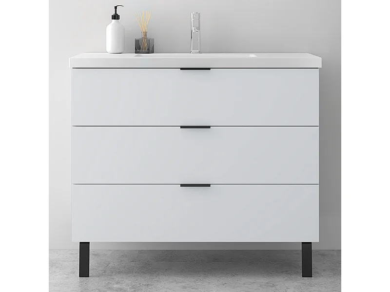 AICA Ensembles de meubles de Salle de Bain 100cm avec 2 Pieds, et vasque en céramique, 3 tiroirs, Blanc, Style Moderne