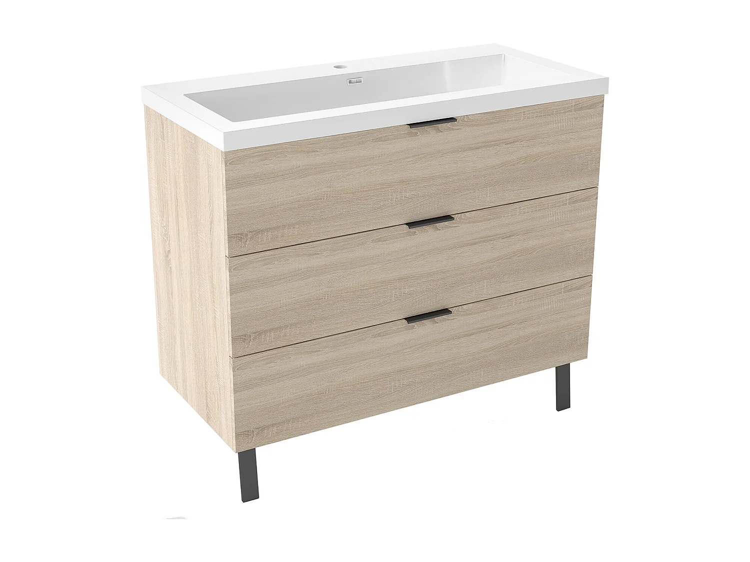 AICA Meuble salle de bain 100cm avec 3 tiroirs + 2 Pieds, Meuble simple vasque, Chêne