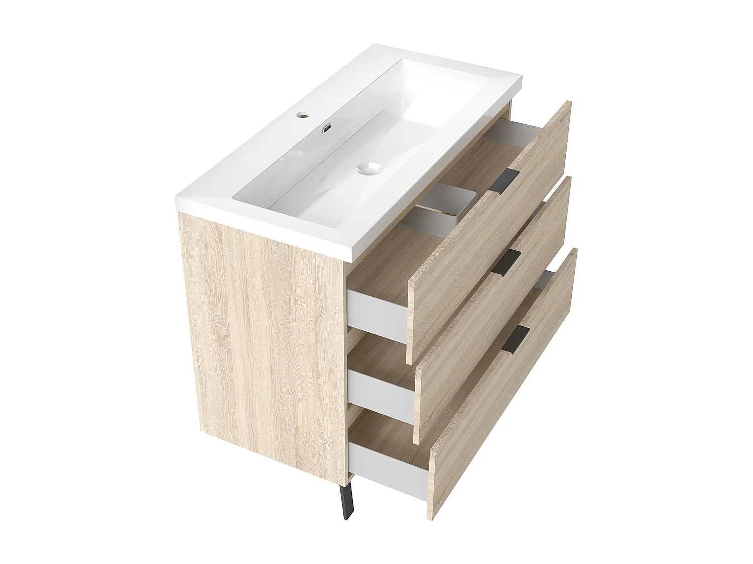 AICA Meuble salle de bain 100cm avec 3 tiroirs + 2 Pieds, Meuble simple vasque, Chêne