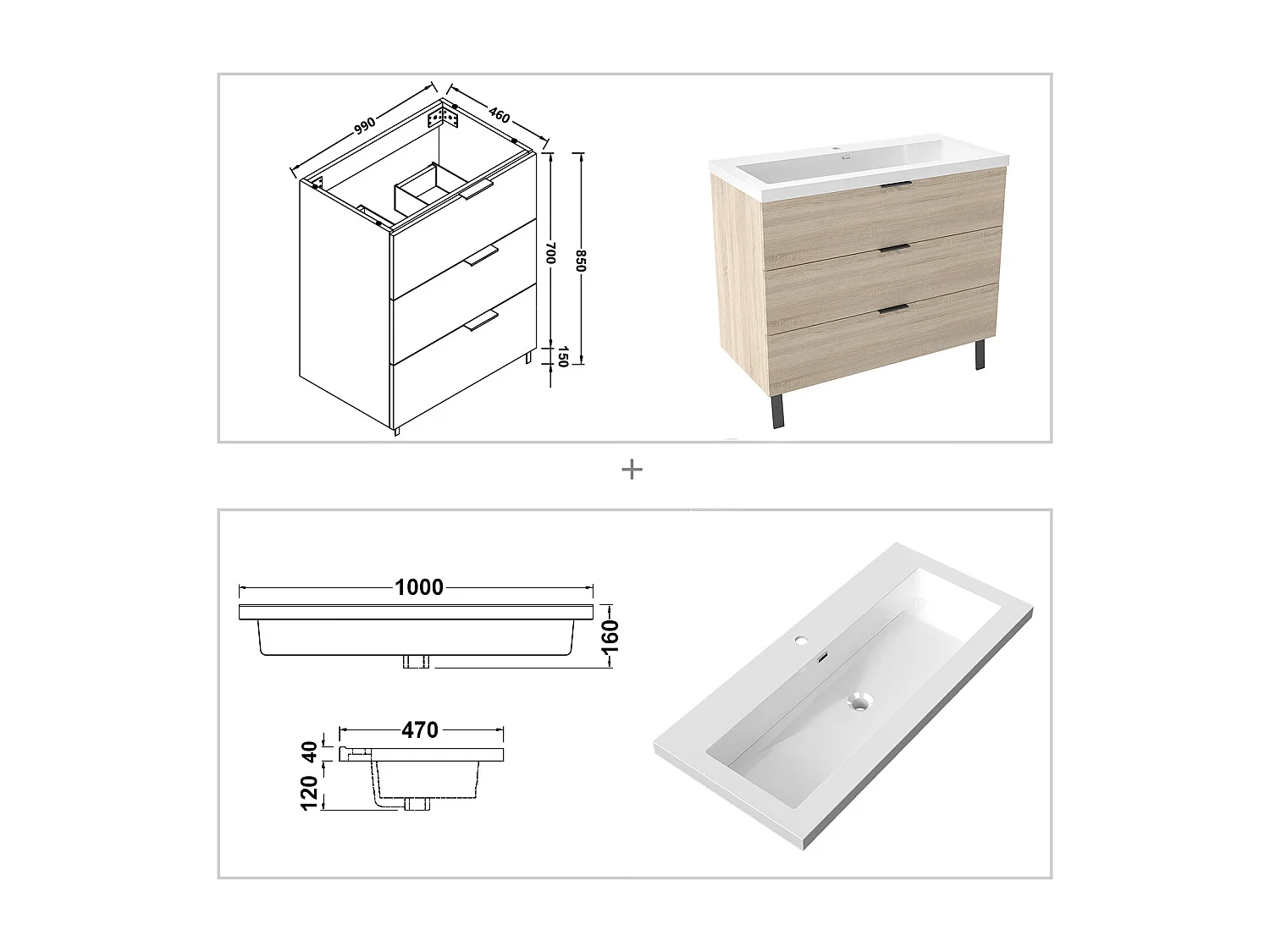 AICA Meuble salle de bain 100cm avec 3 tiroirs + 2 Pieds, Meuble simple vasque, Chêne