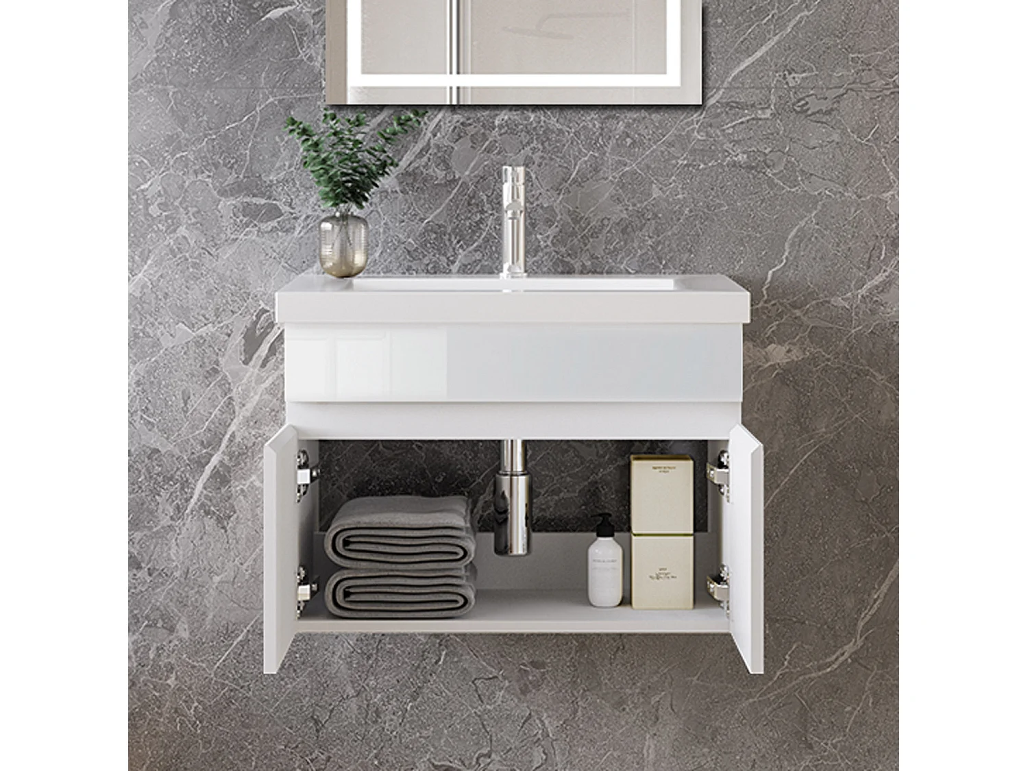 Mobile bagno sospeso con lavabo da incasso 59 cm,bianco, 2 ante.