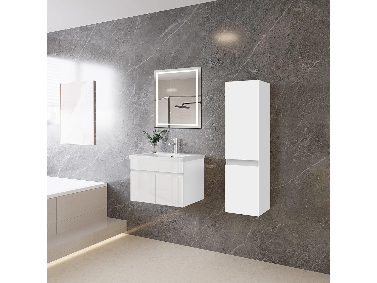 Mobile bagno sospeso con lavabo da incasso 59 cm,bianco, 2 ante.
