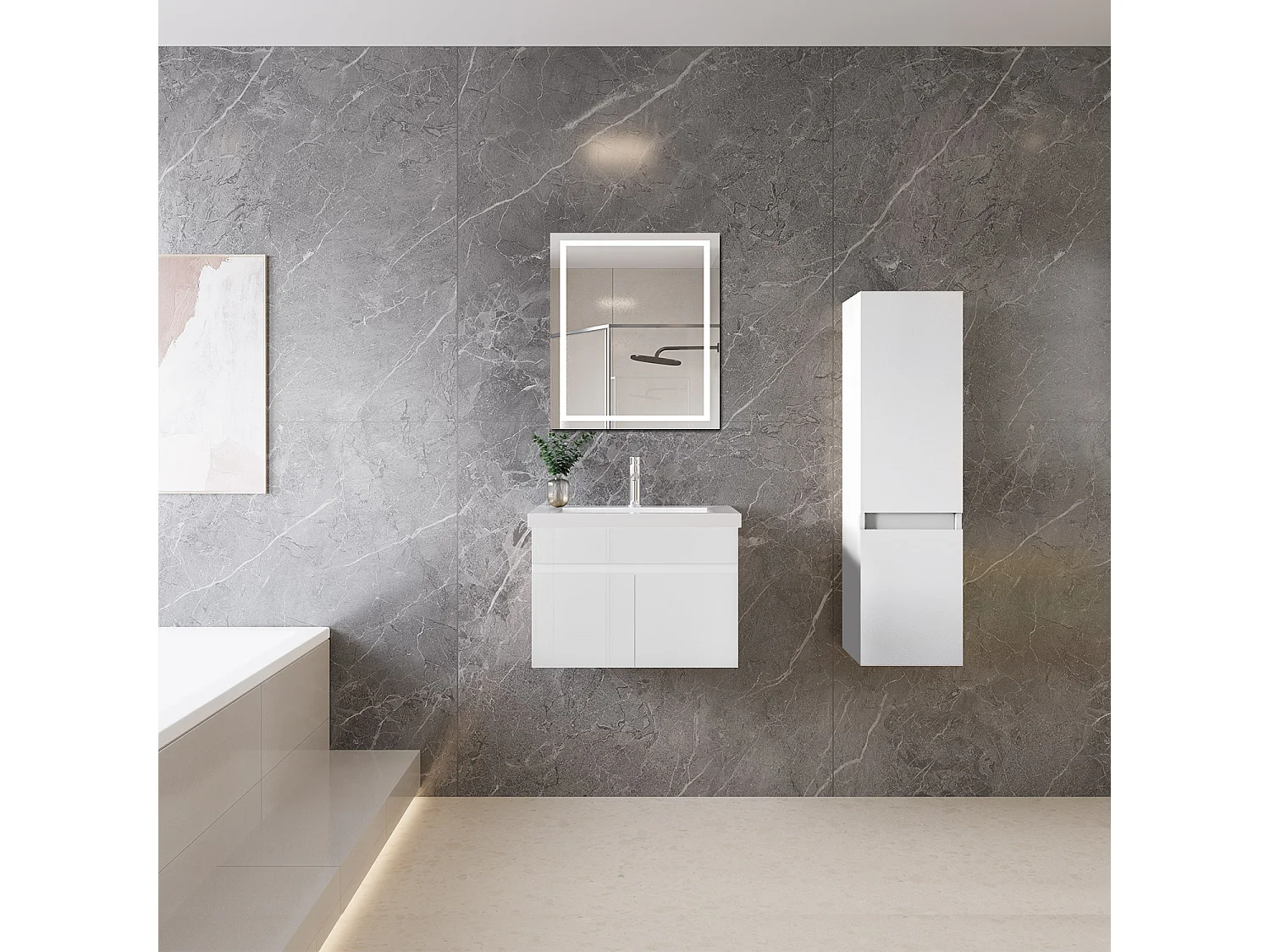 Mobile bagno sospeso con lavabo da incasso 59 cm,bianco, 2 ante.