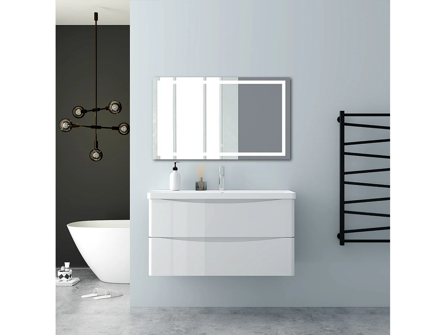 AICA Badezimmerschrank hängend 100cm Mineralguss waschbecken mit Unterschrank - Hochglanz Weiß  - SEMAL