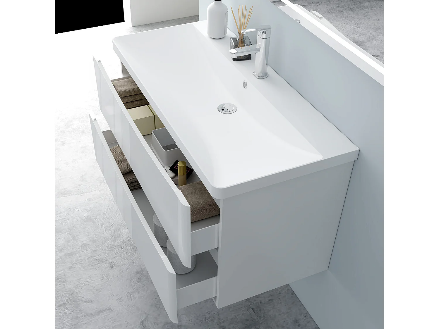 AICA Badezimmerschrank hängend 100cm Mineralguss waschbecken mit Unterschrank - Hochglanz Weiß  - SEMAL